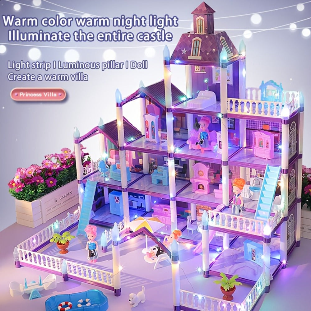 Purple LED Dollhouse Playset with 6 to 16 Room Options and Furniture