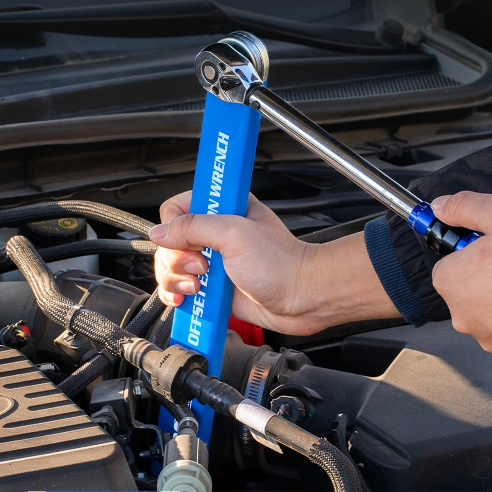 Ratchet Wrench 2-in-1 Offset Extension with 1/4" 3/8" 1/2" Square Head Adapters, 180-Degree Rotation High Torque Non-Slip Handle, Universal Flex Head Ratchet for Narrow Spaces & Auto Repair