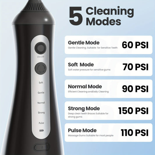 Cordless Water Flosser, Portable Oral Irrigator with 350 ml Tank, 5 Modes & USB Charging for Braces