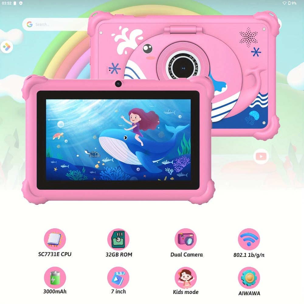 ABS Case Kids Tablet 7 Inch Android 4GB RAM 32GB ROM 512GB Expandable Parental Controls Eye Protection Display Dual Camera WiFi Stereo Speakers Type-C Durable Learning Tablet for Children Ages 3-12 Pink Blue