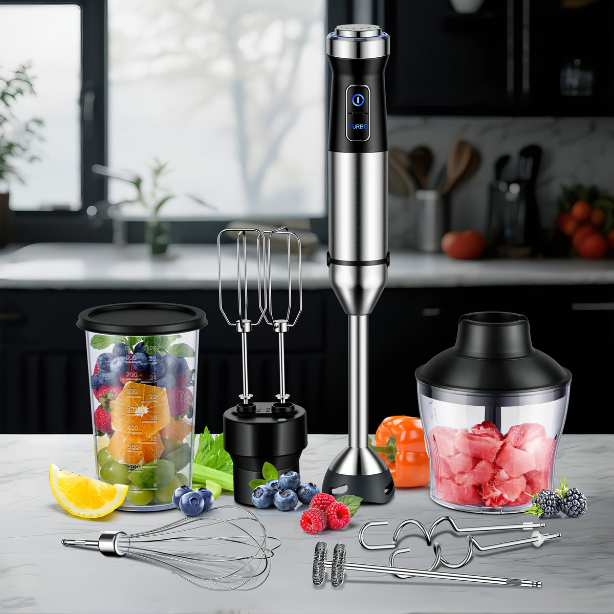 Immersion Blender Handheld 6-in-1 & 7-in-1 1000W 20-Speed Turbo – Titanium Blades BPA-Free with Dough Hooks Egg Beater Whisk Beaker & Chopper | Scratch-Resistant Hand Blender Kitchen Appliance