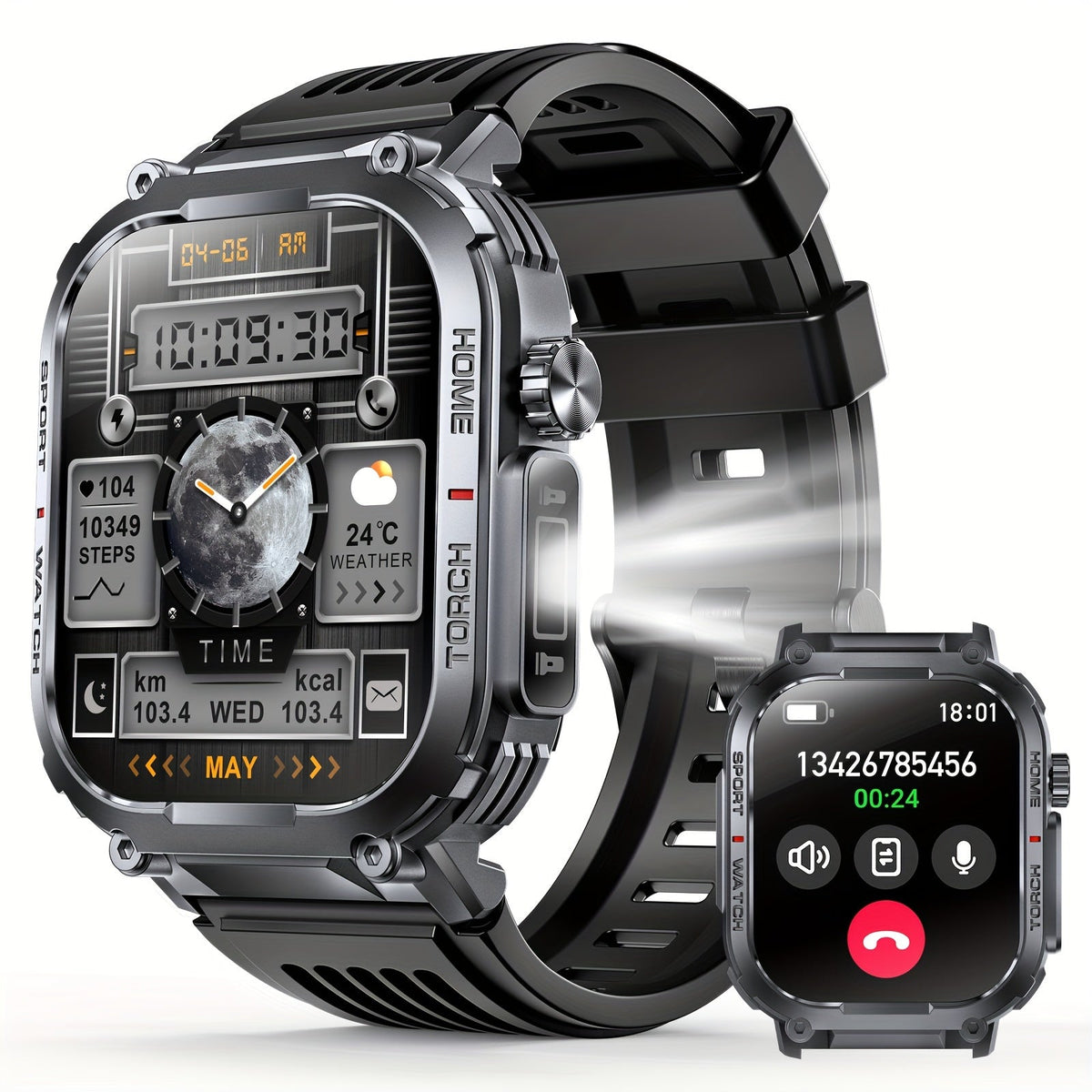 LED Flashlight Smartwatch for Men 2.02 Inch TFT Waterproof Wireless Calling Sleep Monitor Pedometer Activity Tracker iOS Android – Gift for Dad Boyfriend Husband