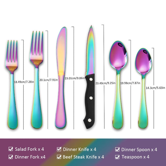 Rainbow Stainless Steel Flatware Set for 4, 24 Pieces with Steak Knives