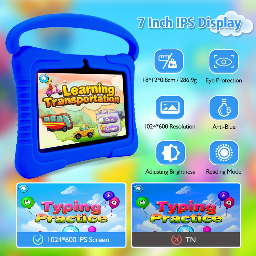 Kids Tablet 7 Inch Android with Parental Controls, Dual Camera & Silicone Case – 2GB RAM, 16/32GB Storage, WiFi, Eye Protection Screen, Educational Gift for Boys & Girls Ages 3-10