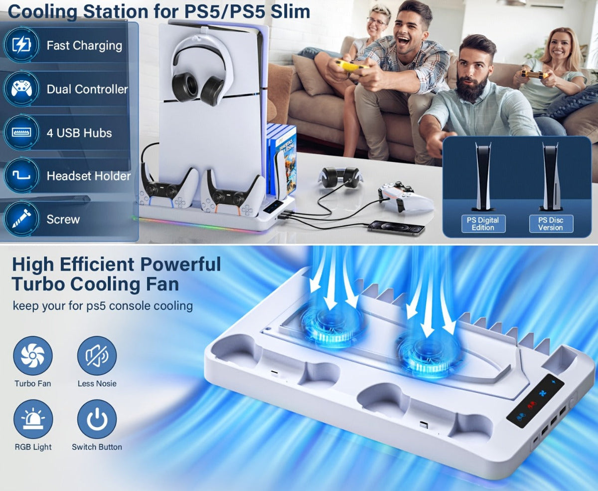 PS5 Cooling Stand with 16 Game Slots & LED Light, Dual Controller Charging Station with Headset & Remote Holders for PS5 & PS5 Slim (Disc & Digital) – Not Compatible with PS5 Pro
