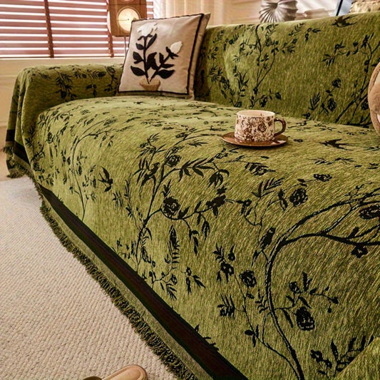 Chenille Sofa Cover with Floral Botanical Pattern and Non-Slip Backing