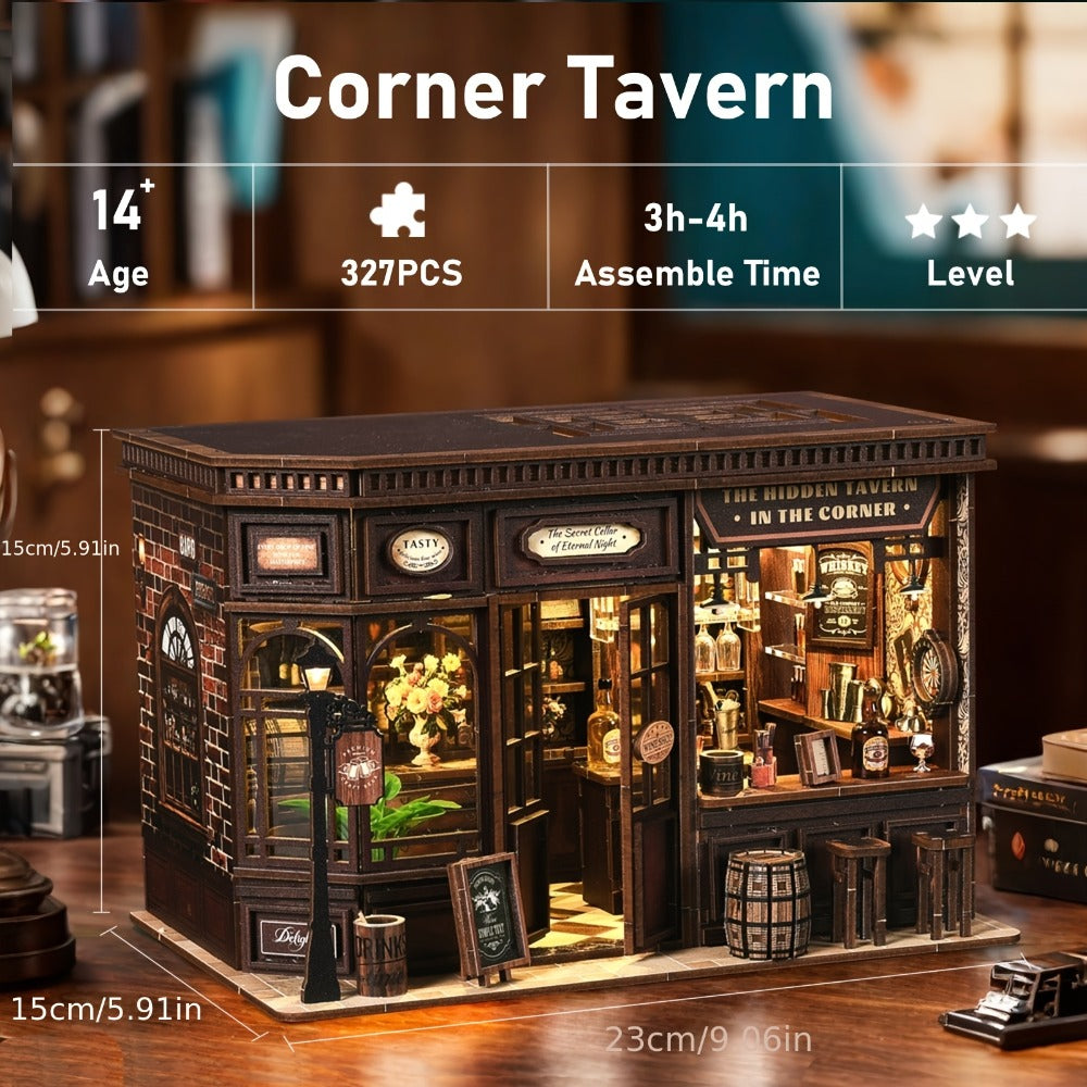 Miniature Book Nook Kit – Corner Lounge DIY 3D Wooden Bookshelf Insert