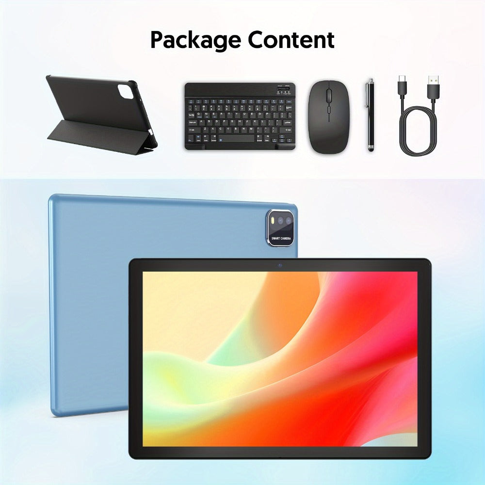 Android 15 Tablet 10.1 Inch WiFi 6 Quad-Core 12GB RAM 64GB ROM 1TB Expandable 6000mAh Battery 1280x800 IPS Display Dual Camera 8MP 2MP Optional Keyboard Case Mouse Stylus