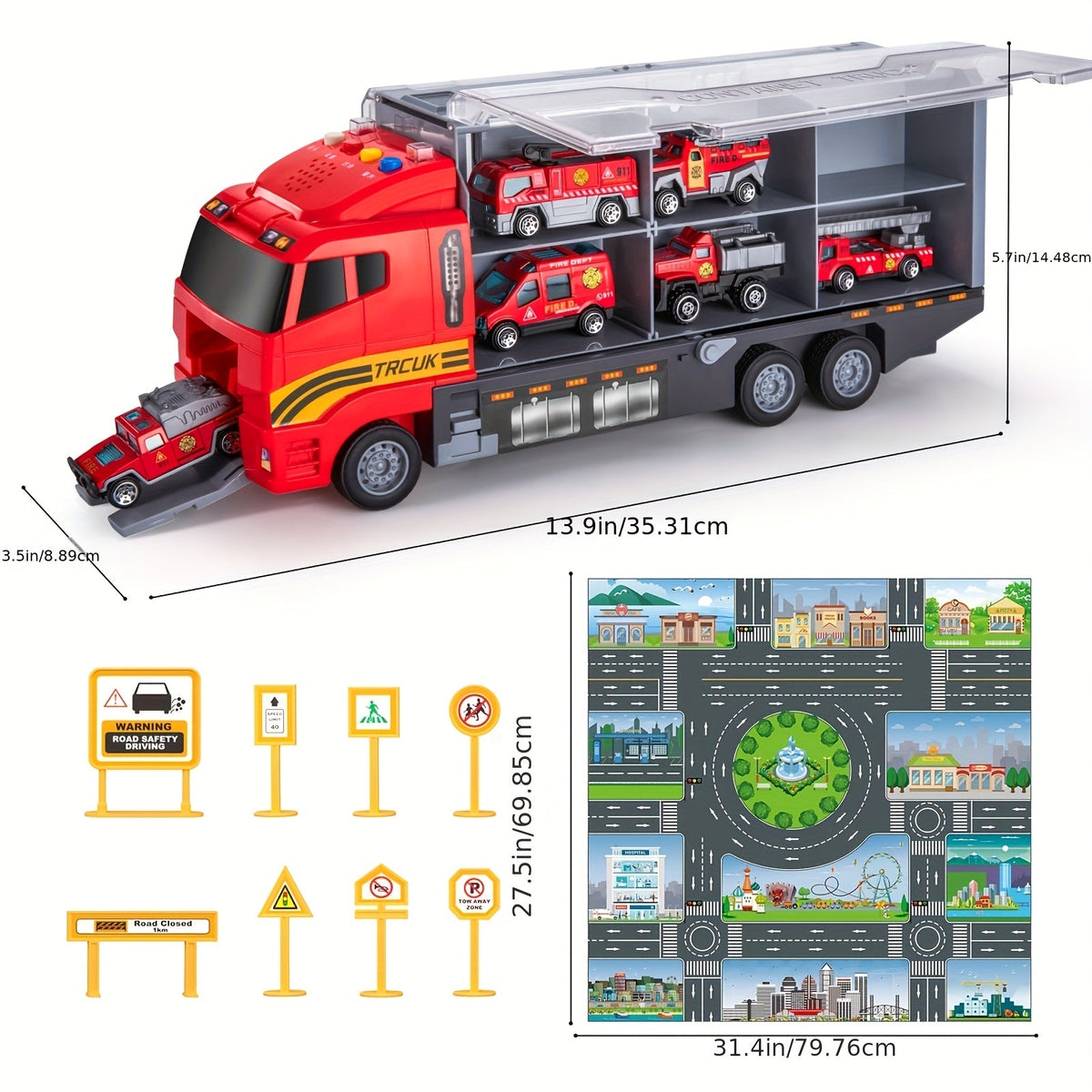Fire Truck Toy Set with Die-Cast Metal Carrier Truck & Play Mat, Emergency Vehicle Playset