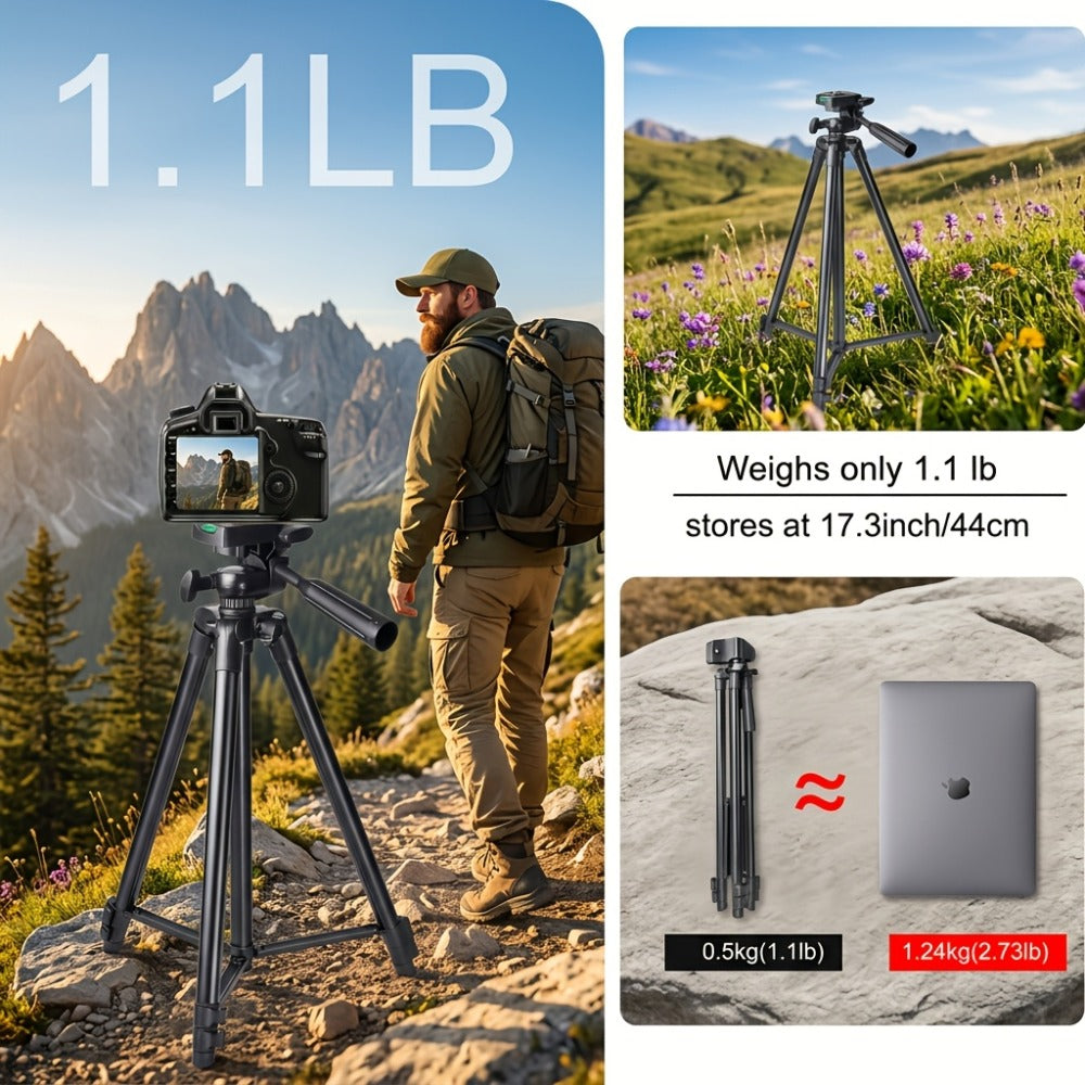 50-Inch Aluminum Travel Tripod with Phone Clip & Carrying Bag – Quick Release Plate, Universal Camera Stand for DSLR, Smartphone & Action Camera, Vlogging, Live Streaming & Outdoor Photography