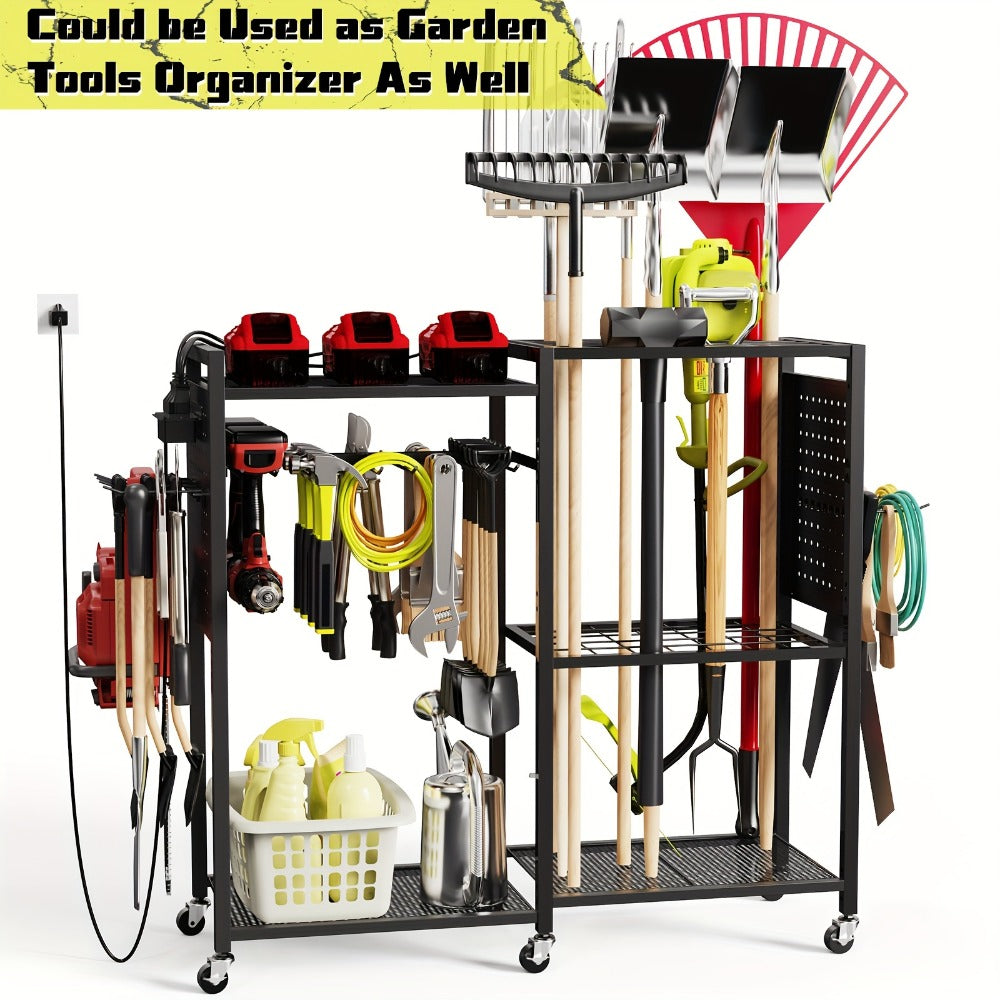 Mobile Tool Cart with Charging Station – 12 Drill Holders & 5 Storage Shelves Power Tool Organizer | Rolling Utility Rack Toolbox with Battery Charging Power Strip for Garage & Workshop | 4 Colors