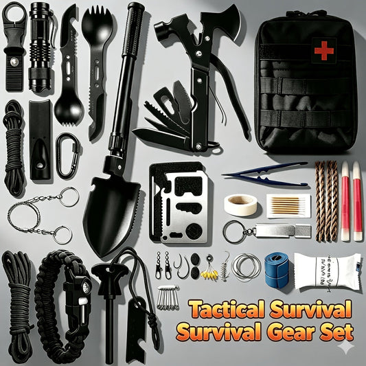 Survival Kit with Folding Shovel, Axe, Fire Starter & Compass in Carry Bag