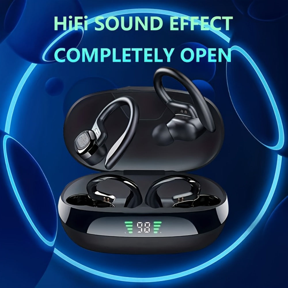 Earhook Open-Ear Sports Earbuds Bluetooth 5.4 LED Digital Display Charging Case 8H Playback Built-In Mic Wireless Headphones for Running Workout Gym Cycling Black Red