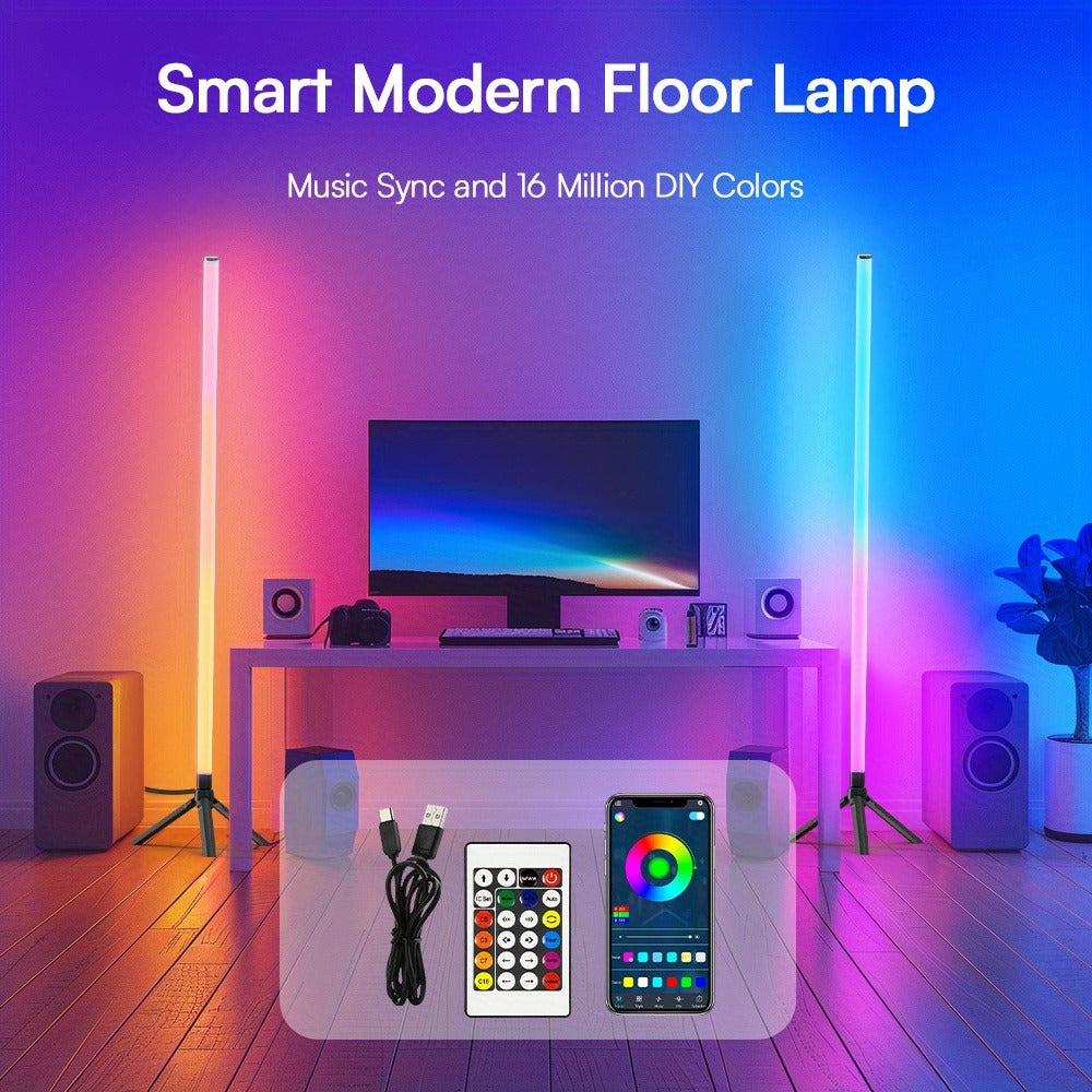 RGB Tube Floor Lamp 360° with Stand – App & 24-Key Remote Music Sync 16 Million Colors Dimmable Timer Mood Light for Bedroom Gaming Room DJ Studio Dance Club Party – 1/2 Pack