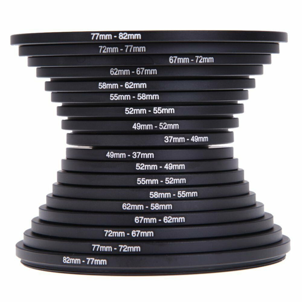 Step-Up Step-Down Lens Filter Adapter Rings 18pcs Set for DSLR Camera 37-82mm Aluminum Alloy Filter Ring Kit Compatible with Canon Nikon Sony Lenses