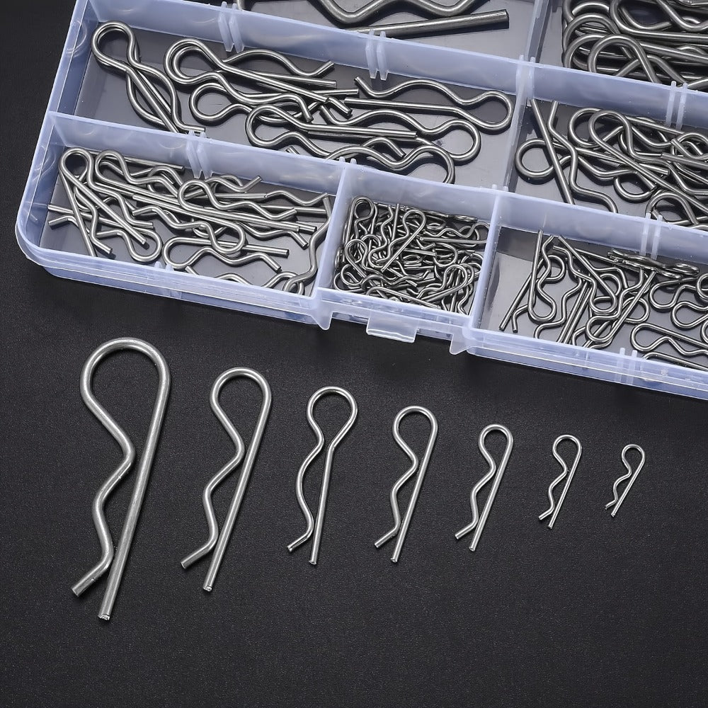 100pcs Stainless Steel R Cotter Pin Assortment Kit – R-Clip Spring Retaining Pins 7 Sizes for Trailer Hitch Automotive Marine Lawn Mower & Agricultural Machinery