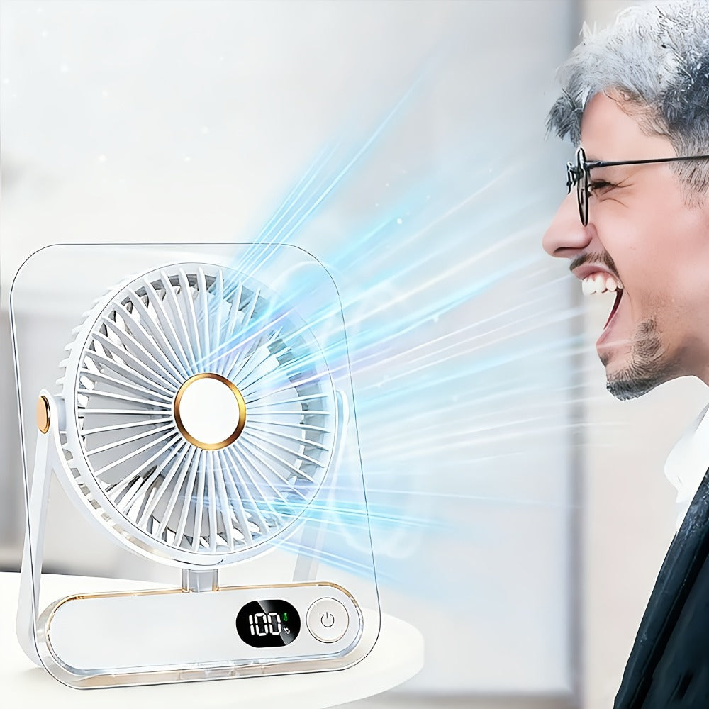 Desk Fan Portable USB Rechargeable 3000mAh Battery 5-Speed Adjustable 180 Degree Foldable Ultra Quiet Digital Display Acrylic for Home Office Travel Lightweight Cooling Fan