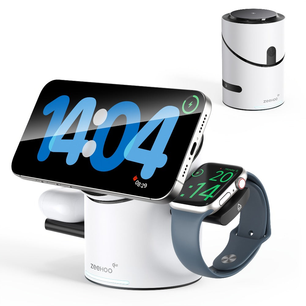 Qi2 3-in-1 Wireless Charging Station 15W ZEEHOO CylinTrick-R Cylindrical Rotating Magnetic Stand Hidden Pop-Up Charger Touch Activated for iPhone 17 16 15 14 13 12 Pro Max, Apple Watch Ultra Series 10 9 8 7 SE, AirPods 4 3 2 Pro – White Black