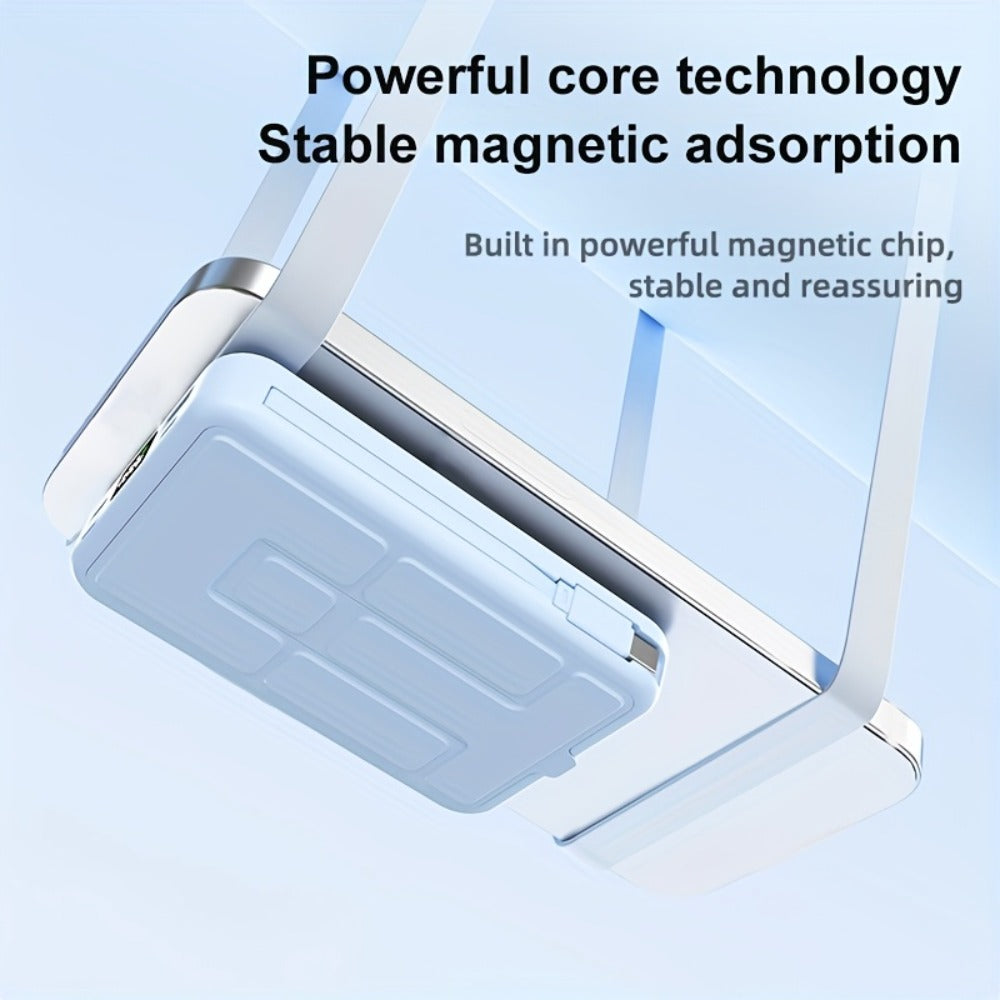 Magnetic Power Bank 10000mAh USB-C Fast Charging – Built-in Cable, Charges 5 Devices & Laptops Simultaneously, Foldable Stand, Portable External Battery for Travel Work Daily Use