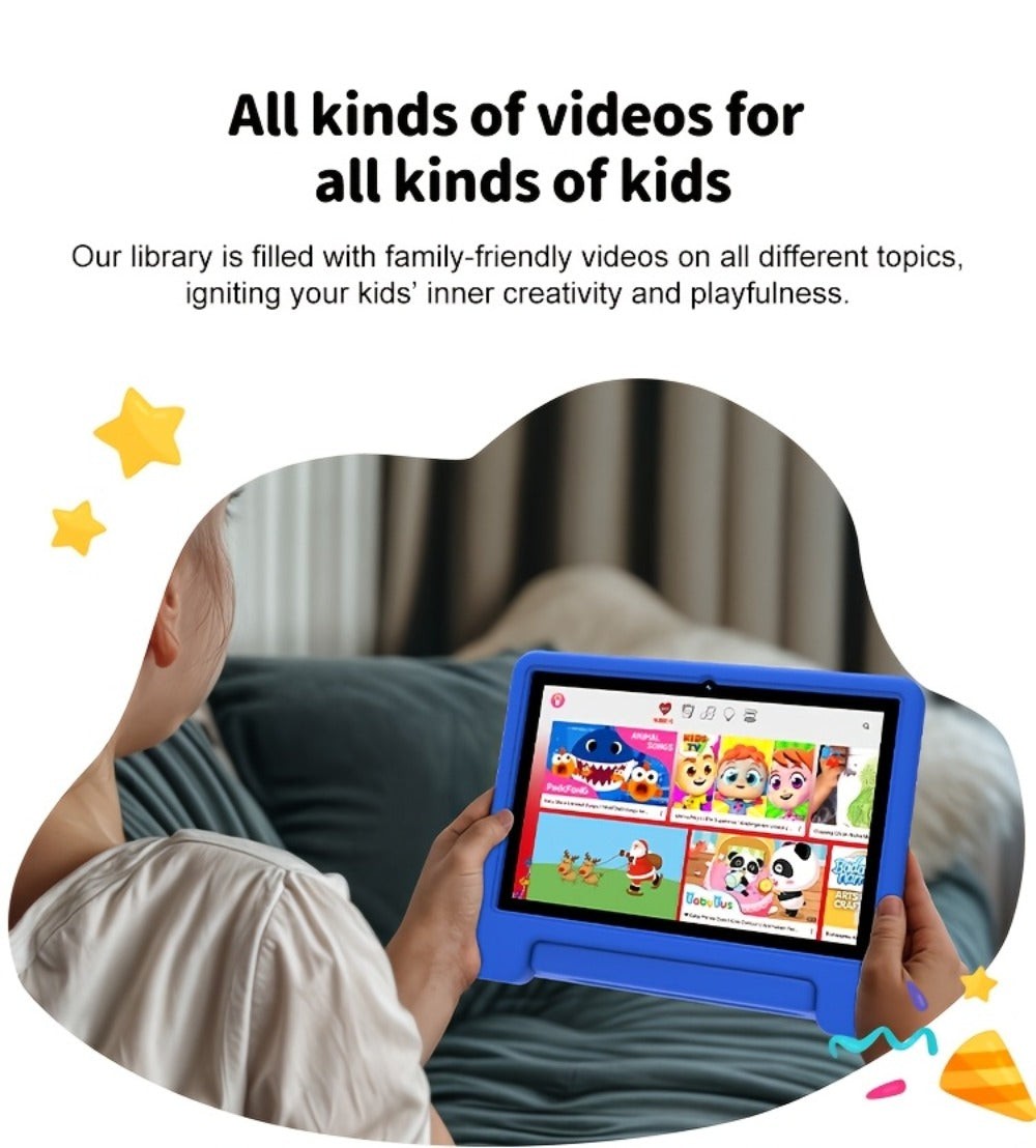 WiFi 6 Kids Tablet 10.1 Inch Android 6GB RAM 64GB ROM 5000mAh Dual Camera Parental Controls Eye Protection Preloaded Educational Apps Games Learning Tablet with Case Gift for Kids Blue Pink