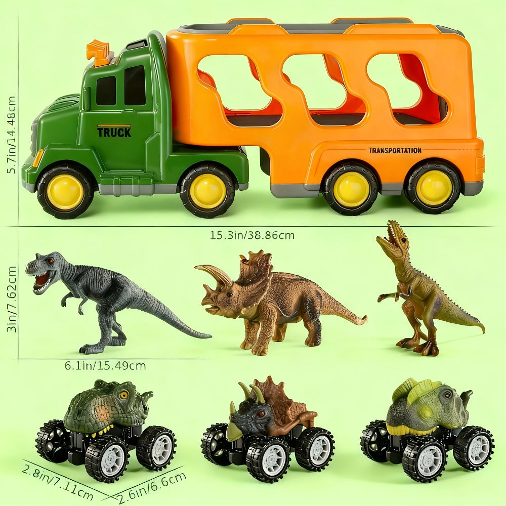 Push-Action Dinosaur Truck Toy 7-in-1 – Dino Monster Truck with 3 Figures, 3 Mini Cars, Lights & Sound