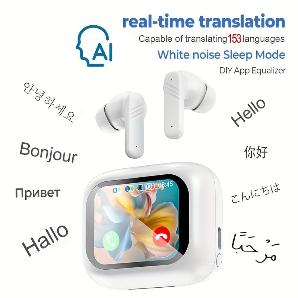 ANC AI Translation Earbuds with LCD Screen – Active Noise Cancelling Wireless In-Ear Headphones for Business Meetings International Travel Multi-Language Real-Time Translator