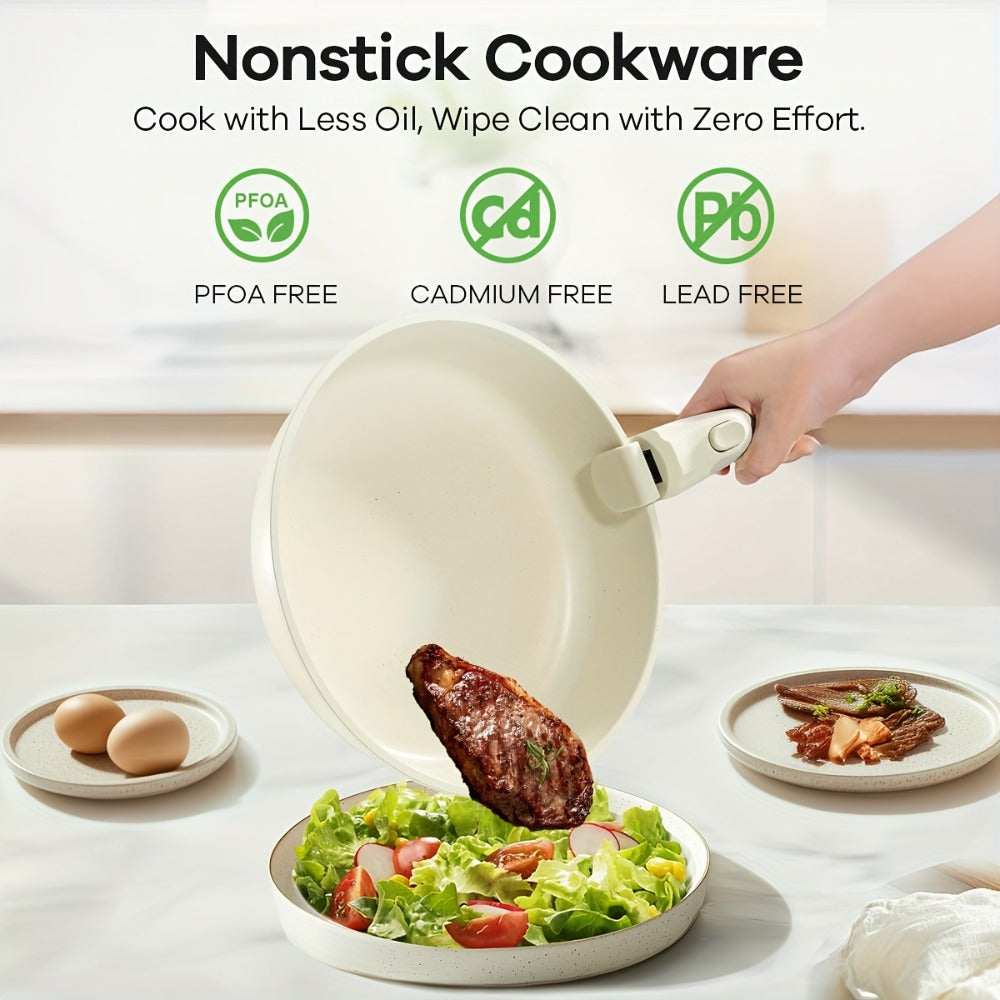 Nonstick Cookware Set 23 & 27 Piece with Removable Handles – Induction Oven Dishwasher Safe Pots and Pans | Non-Toxic Frying Pans Saucepans Space-Saving Kitchen Cooking Set in Beige & Pink