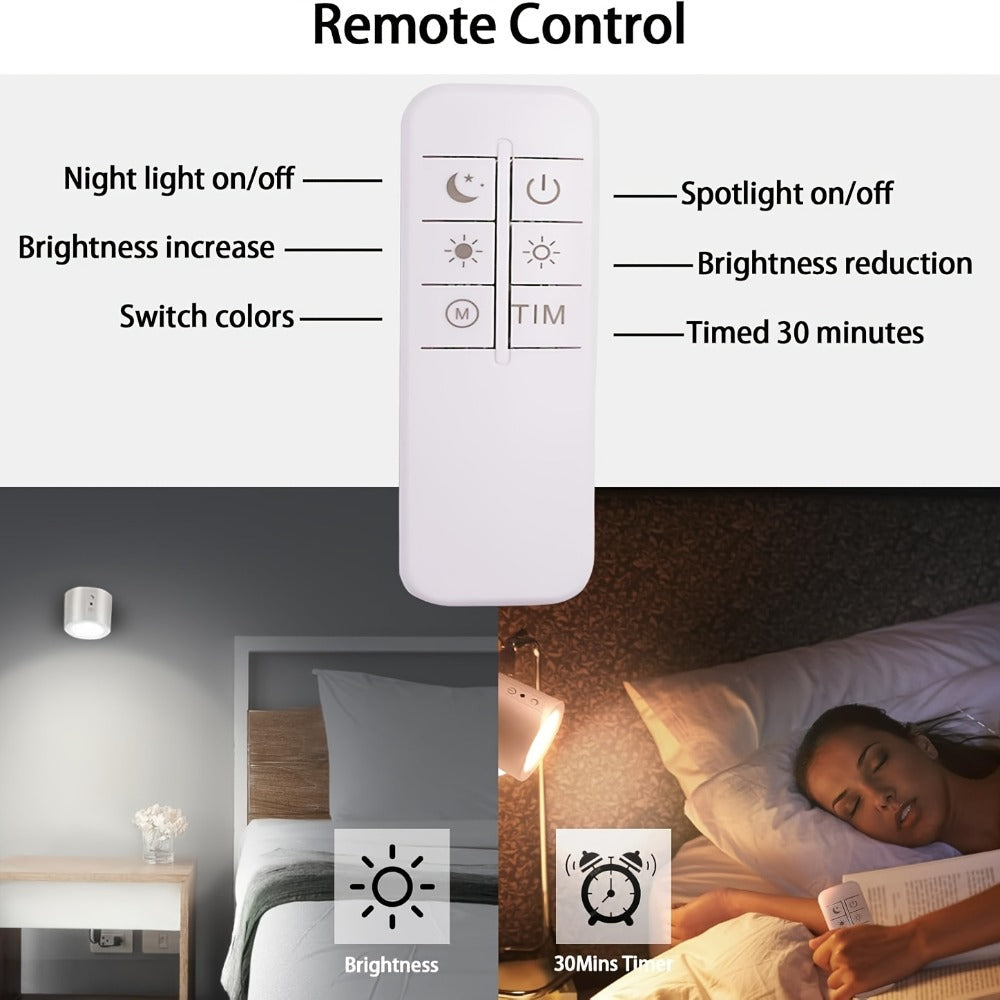 Rechargeable Wall Sconce LED Reading Light - GVTCO Magnetic 360° Rotation Wall Lamp with Remote Control, 3 Color Temperatures, Dimmable, 1200mAh Battery, USB-C Charging for Bedroom, Bedside & Hallway