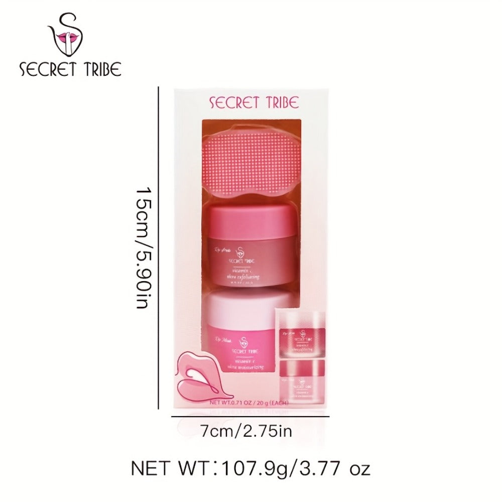 Lip Care Set 3pcs – Lip Mask, Lip Scrub Balm & Lip Brush Kit with Natural Ingredients for Deep Hydration, Exfoliation & Lip Color Enhancement, Strawberry & Peach Scent Gift for Women