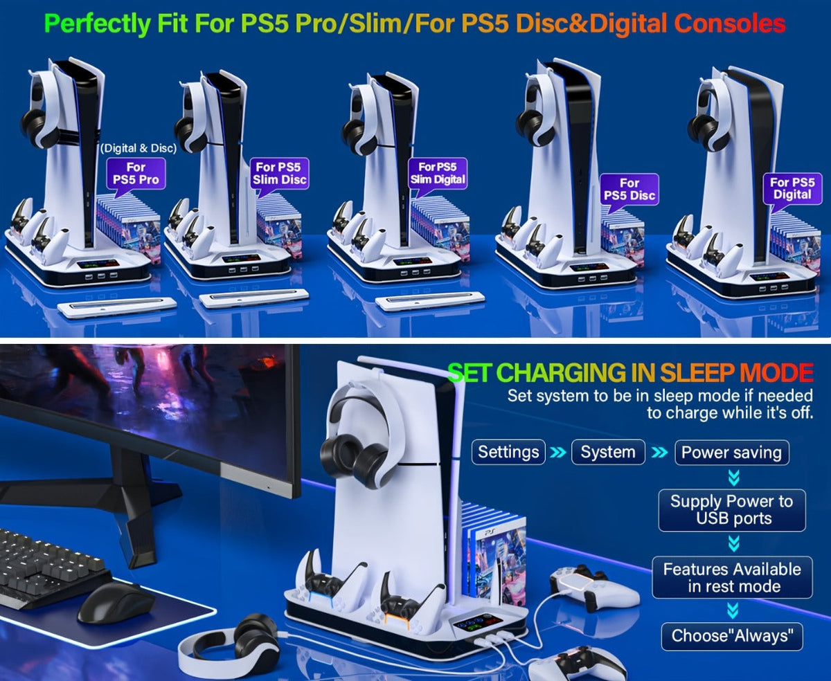 PS5 Cooling Station with USB Hub & Dual Controller Charging Dock for PS5/Slim/Pro, PlayStation 5 Stand Cooler with 3 USB Hubs, Headset Holder, Cooling Fan, Fits Disc & Digital Edition