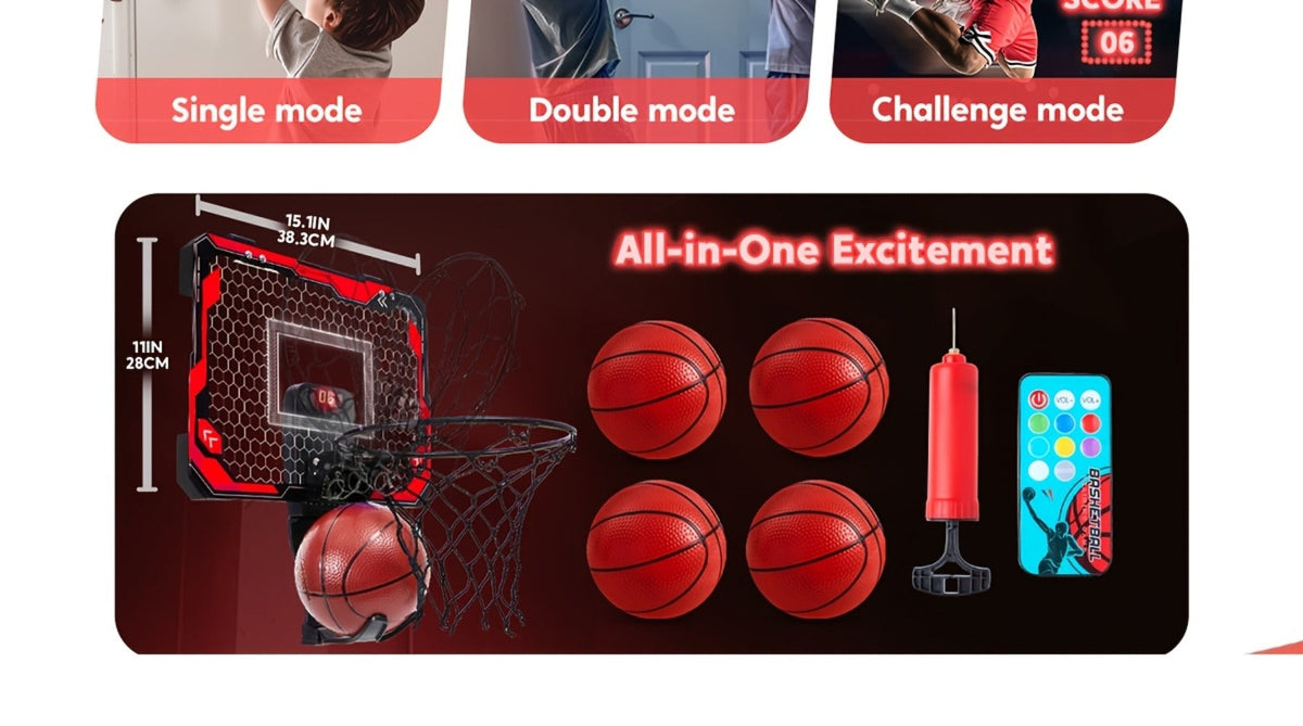 Over-the-Door Indoor Basketball Hoop with Light-Up Scoreboard, Red