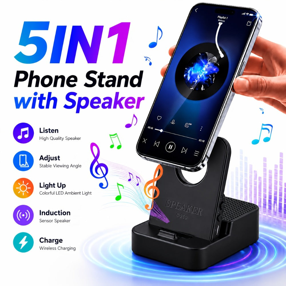 Magnetic Wireless Speaker Stand with Emergency Charging – 360° Adjustable Foldable Phone Holder, Portable Bluetooth Speaker, Compatible with iPhone & Android, for Home, Travel & Office