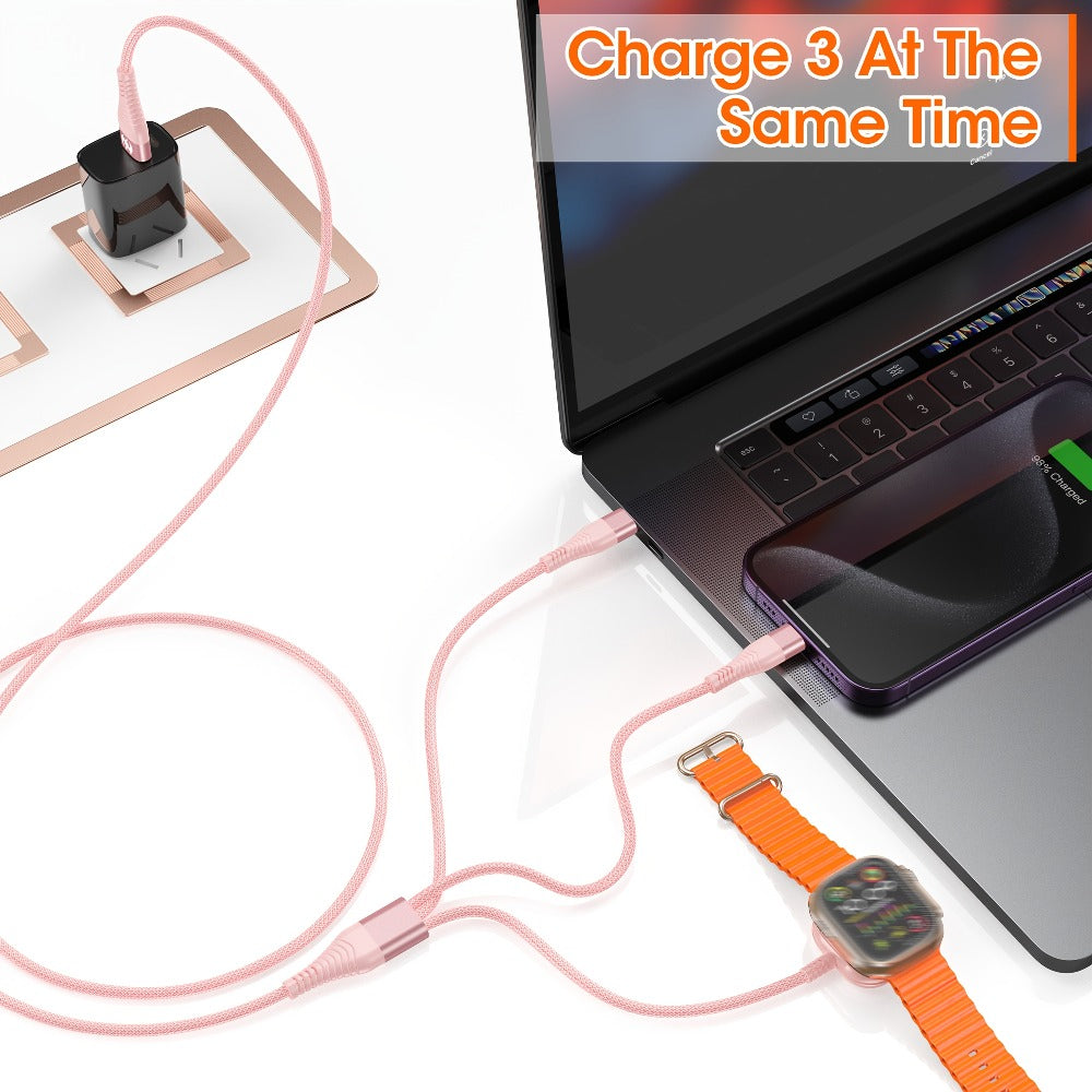 3 in 1 Travel Charging Cable 24 Inch Nylon Braided, Lightning + Type-C + iWatch Magnetic Wireless Charger, Compact Portable Multi Charging Cord for iPhone iPad Android Apple Watch – Pink Short Cable