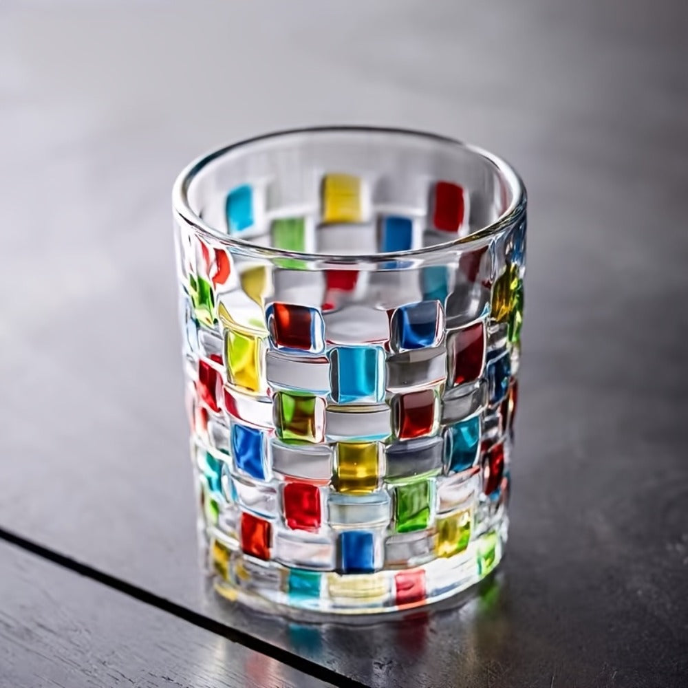 Hand-Painted Drinking Glasses Set – Colorful Square Lattice Woven Handcrafted Glass for Water, Juice, Whiskey & Beer – Artistic Decorative Glassware for Home Bar & Entertaining – 2pc or 4pc