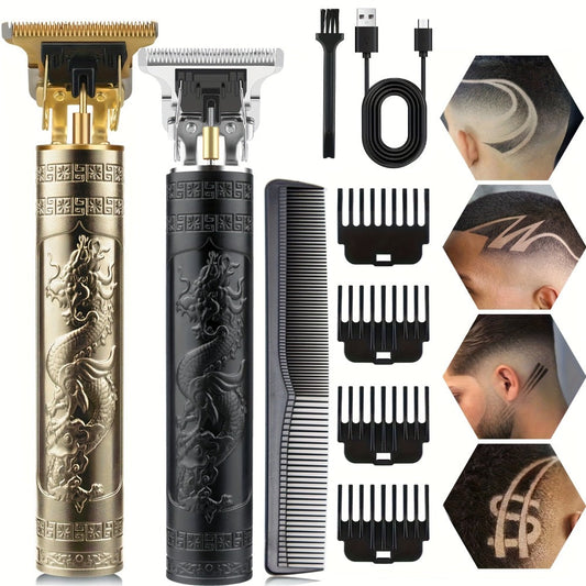 T-Blade Hair Trimmer for Men - Retro Electric Clipper, USB Rechargeable 1000mAh, 240-Min Runtime, 4 Guide Combs, Dragon & Buddha Designs, Black Bronze Blue Purple