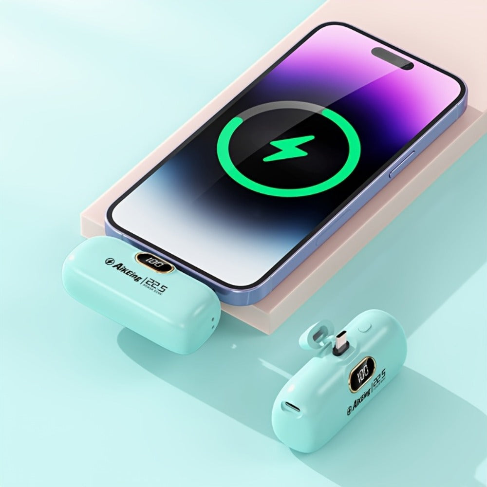 Mini Power Bank 5000mAh with Built-in USB-C Connector Fast Charging – Ultra-Compact Pocket Portable Charger for iPhone Android Samsung | Emergency Travel Charger | Green Pink