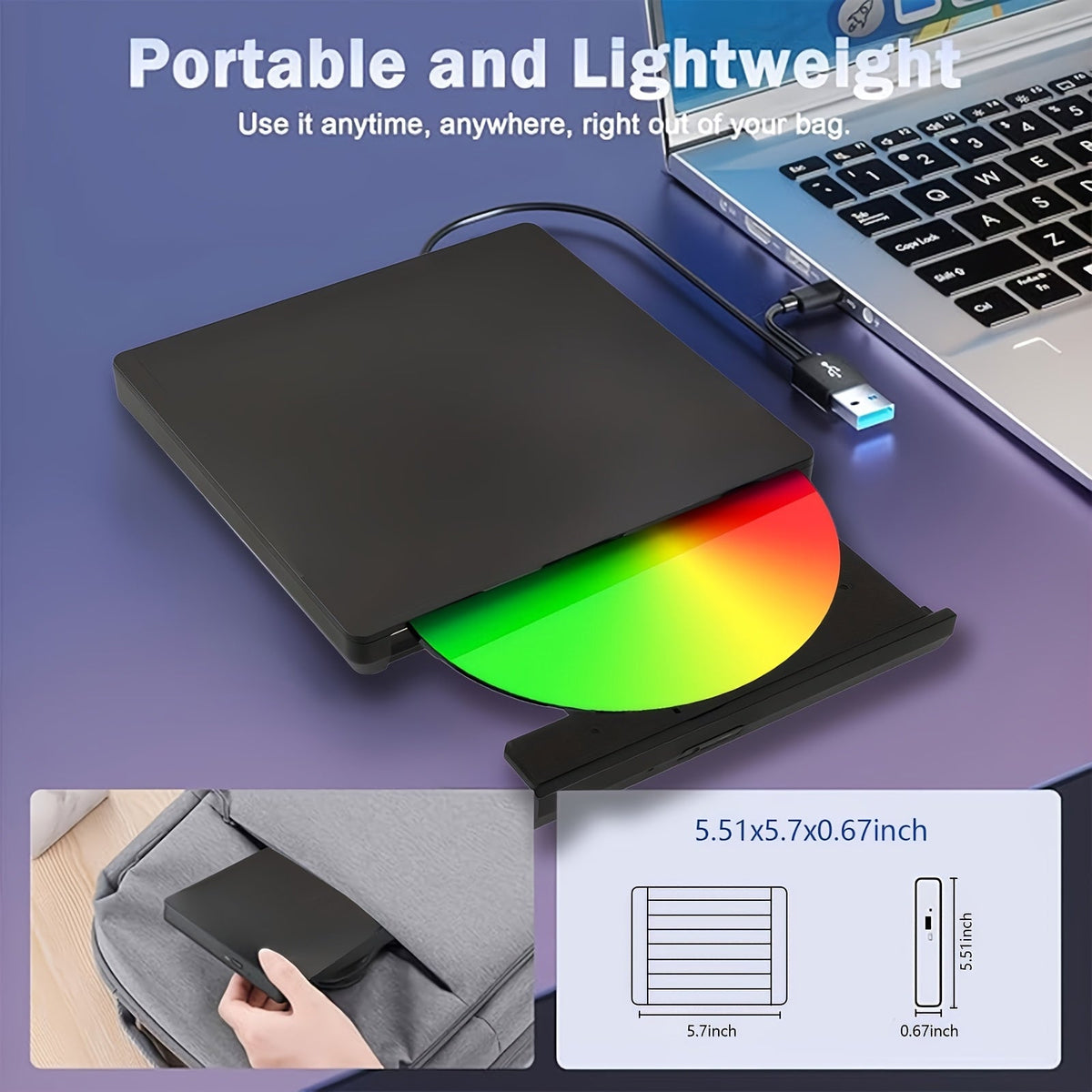 7-in-1 External DVD Drive USB 3.0 with 4 USB Ports & Dual TF/SD Card Reader - High-Speed CD/DVD Burner for Laptop Mac PC, Compatible with Windows 11/10/8/7, Linux, Plug and Play, Office Travel