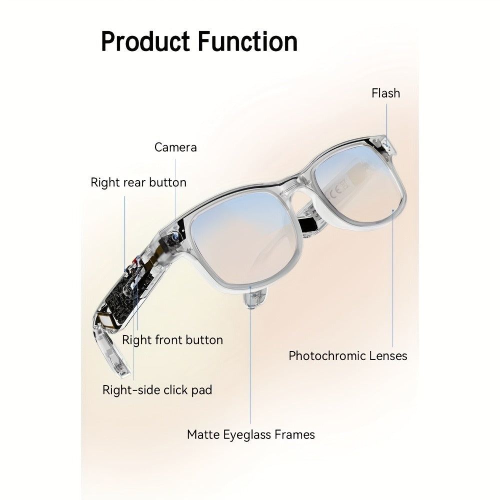 Smart Glasses with Camera 8MP Dual Lens 1080P HD – AI Auto Color Change, Air Conduction 360° Sound, Dual Mic, 290mAh Battery, 3 Lenses, Black & Transparent Frame