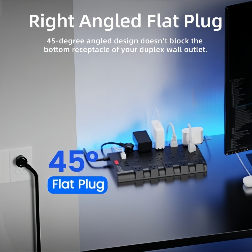 Heavy Duty Surge Protector Power Strip 28-in-1 with 22 Spacious AC Outlets USB-C PD 45W 2100 Joules Flat Plug Wall Mount 5-13Ft Extension Cord Multi-Outlet Power Bar with Control Switch for Home Office – Black