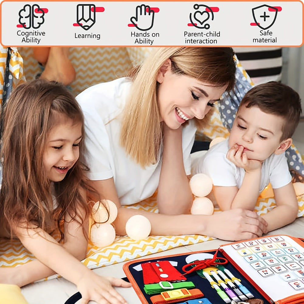Montessori Busy Board for Toddlers Ages 1 2 3 4 – Sensory Activity Learning Toy with Zipper Buckle Button Lace Snap, Fine Motor Skills Development Educational Gift for Boys Girls, Compact Travel Toy