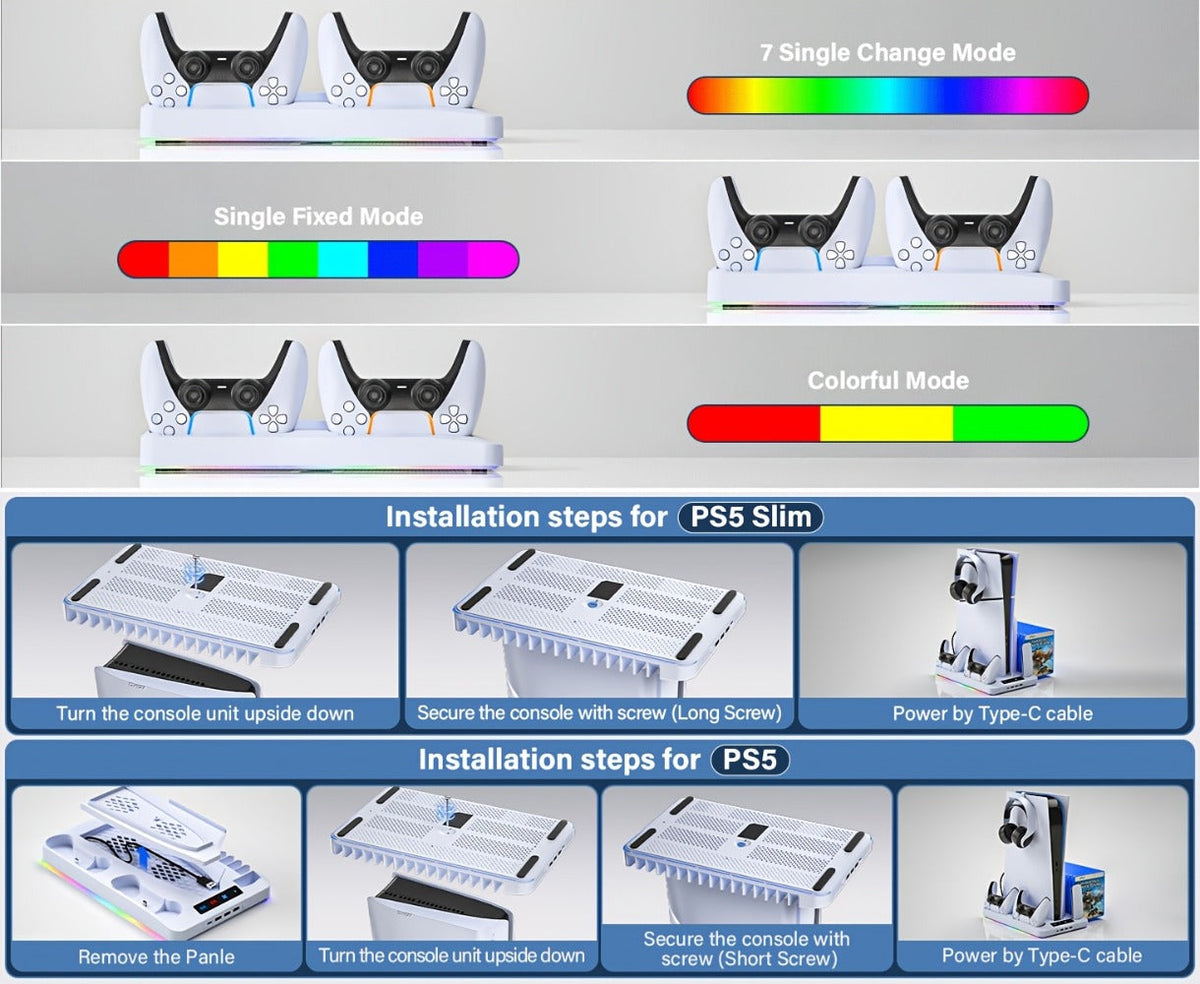 PS5 Cooling Stand with 16 Game Slots & LED Light, Dual Controller Charging Station with Headset & Remote Holders for PS5 & PS5 Slim (Disc & Digital) – Not Compatible with PS5 Pro