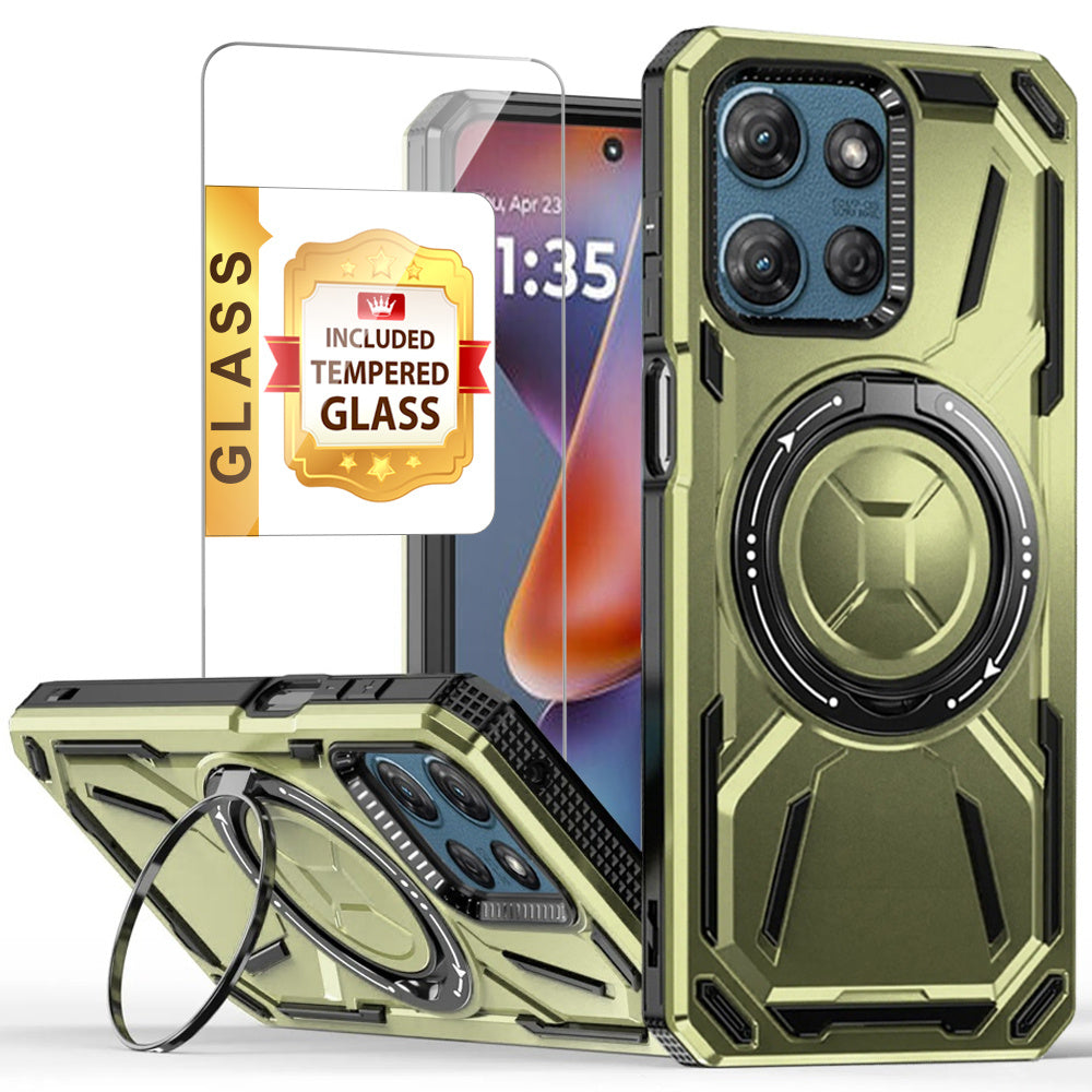 Moto G Power 5G 2025 Case with Tempered Glass Screen Protector & Magnetic Ring Stand 360° Rotatable Kickstand – Shockproof Wireless Charging Compatible Protective Cover for Motorola Moto G Power 5G 2025