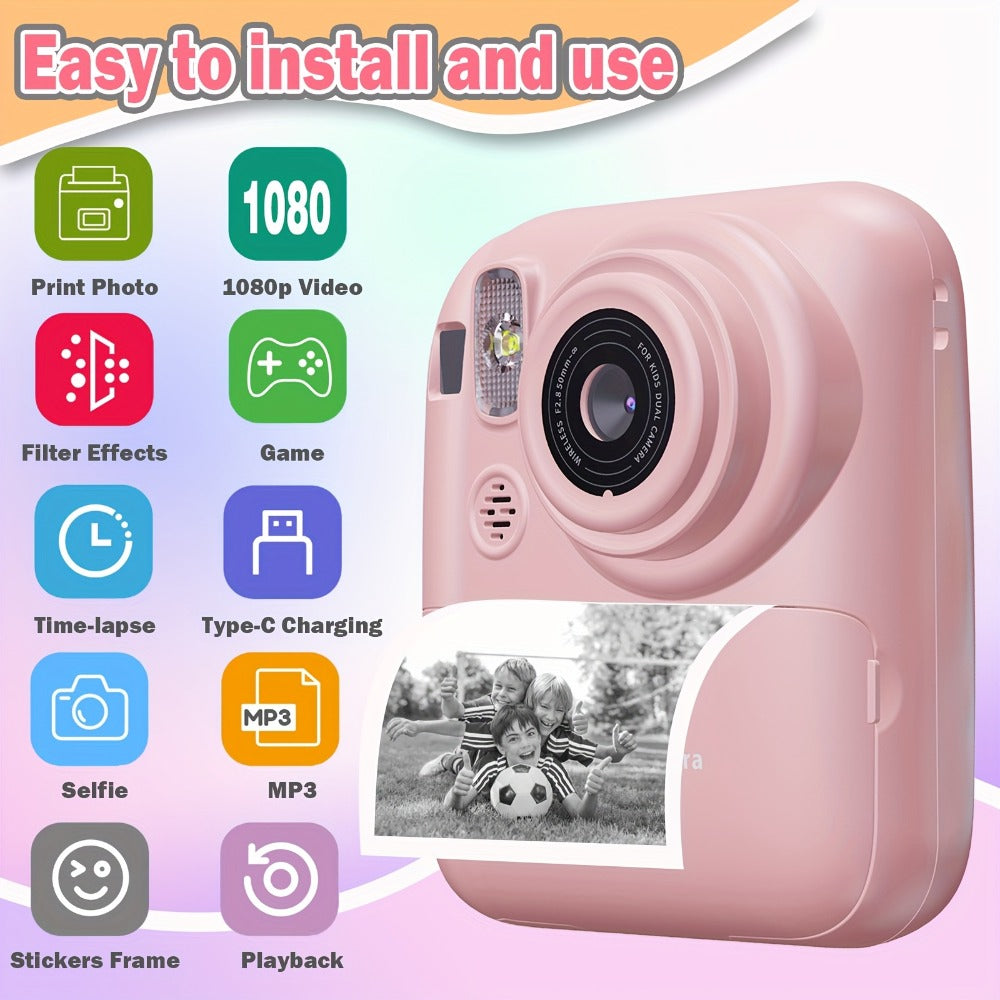 Instant Print Digital Camera for Kids Ages 3-12 – 1080P, 2.4" Screen, 3 Rolls Print Paper & 32GB Card Included, Cute Kids Camera, Perfect Birthday & Holiday Gift for Girls and Boys