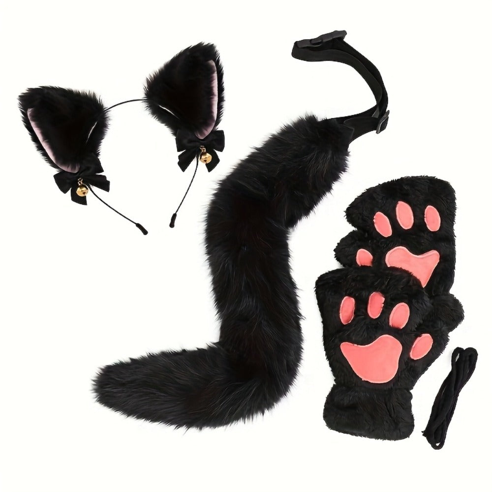 Cat Costume Set 3 Piece – Bell Ear Headband, Plush Paw Gloves & Adjustable Tail for Halloween, Cosplay, Role Play & Stage Performances, Cute Gift for Women Girls, Grey White Brown Pink