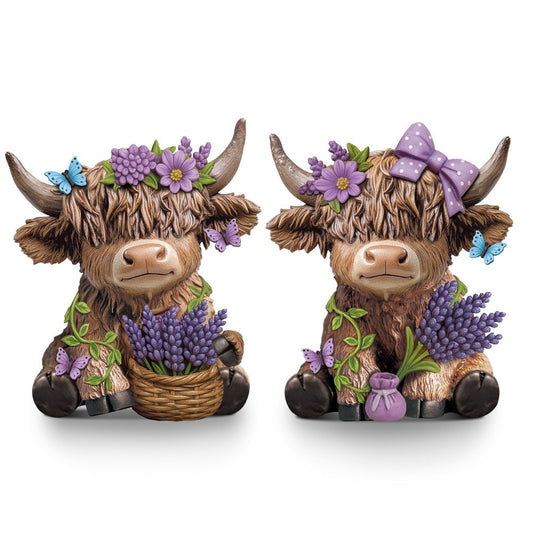 Highland Cow Figurines with Lavender - Resin Calf Set of 2 for Shelf and Desk Decor