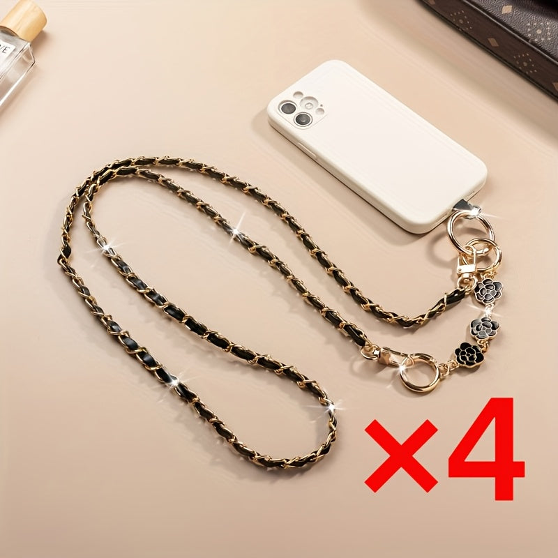 Crossbody Phone Strap Long Chain Pearl Camellia Metal Charm Elegant Lanyard for Women Girls – Clip-On Universal Fit iPhone Samsung Black White 2-5pcs Gift Set