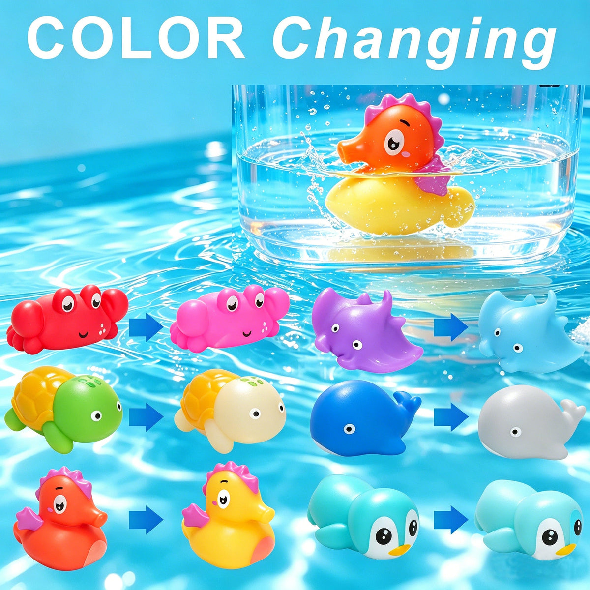 Color Changing Baby Bath Toys 6pcs No Hole – Sea Animal Bathtub Squirt Toys for Toddlers & Kids | Mold-Free BPA-Free | Christmas Birthday Gift for Boys & Girls Ages 1-6