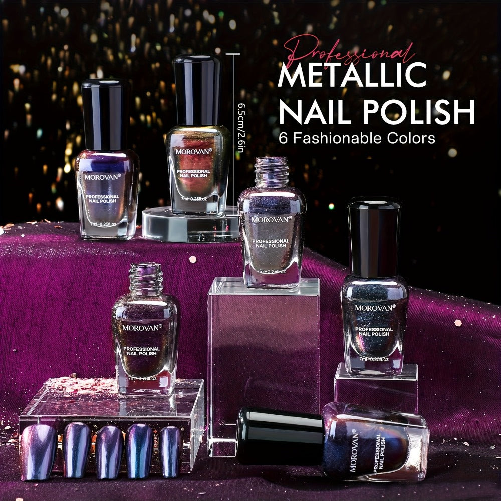 Holographic Nail Polish Set 6pcs Air Dry No UV Lamp – Metallic Glitter Rainbow Shimmer Lacquer 0.25oz, Finger & Toenail Polish Kit, Nail Art Gift Set for Women Girls by Morovan