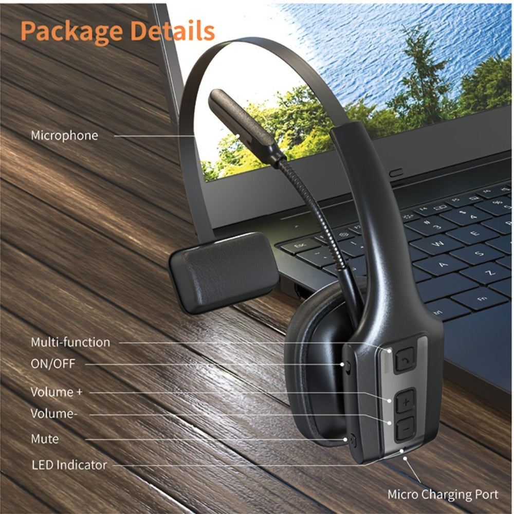 Trucker Bluetooth Headset Single Ear Noise Canceling Wireless Mono Headphone Type-C Charging Dual Device Connection for Teams Zoom Skype Office Calls Portable Lightweight Durable Black