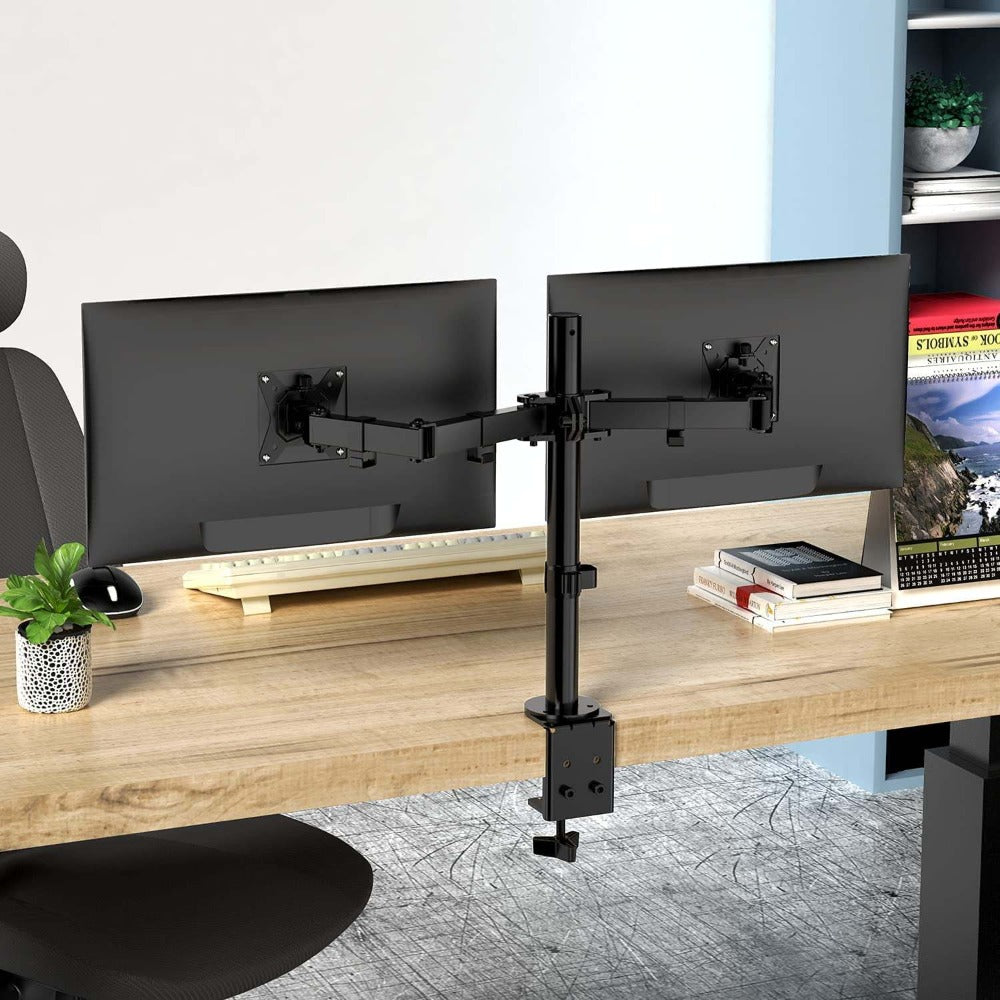 Adjustable Dual Monitor Arm for 13-32 Inch Screens, VESA 75x75/100x100mm, 45° Tilt 90° Swivel 360° Rotation, 17.6 lbs per Arm, C-Clamp & Grommet Mount, Cable Management, Space-Saving Home Office Desk Stand